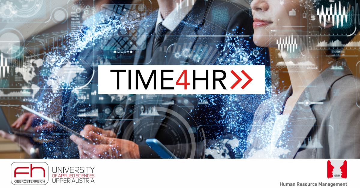 Banner zur HR-Veranstaltung "TIME4HR" der FH Oberösterreich mit digitalem Business-Hintergrund.