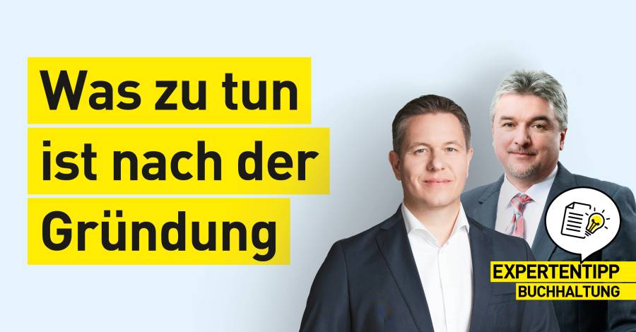 Grafik mit zwei Männern in Anzügen und der Aufschrift „Was zu tun ist nach der Gründung"