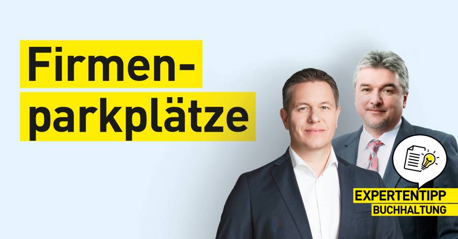 Grafik zu Firmenparkplätzen mit zwei Personen im Business-Outfit und dem Hinweis „Expertentipp Buchhaltung“.