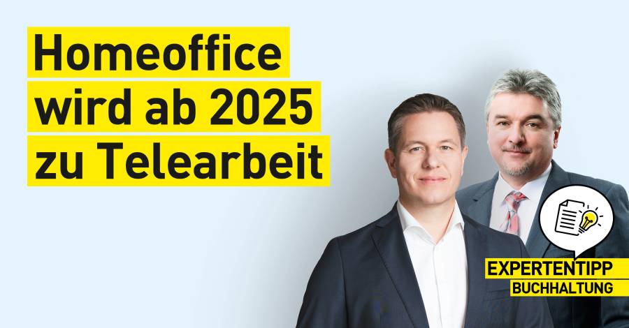 Zwei Personen im Anzug, Hinweis „Homeoffice wird ab 2025 zu Telearbeit“