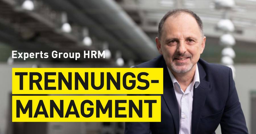 Mann im Anzug mit Schriftzug "Trennungsmanagement"