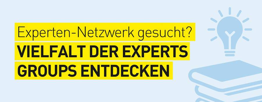 Teaser für Experts Group mit hellblauem Glühbirnen- und Bücher-Icon