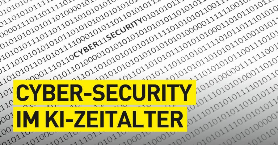 Hintergrund aus Binärcode mit Text „Cyber-Security im KI-Zeitalter“.