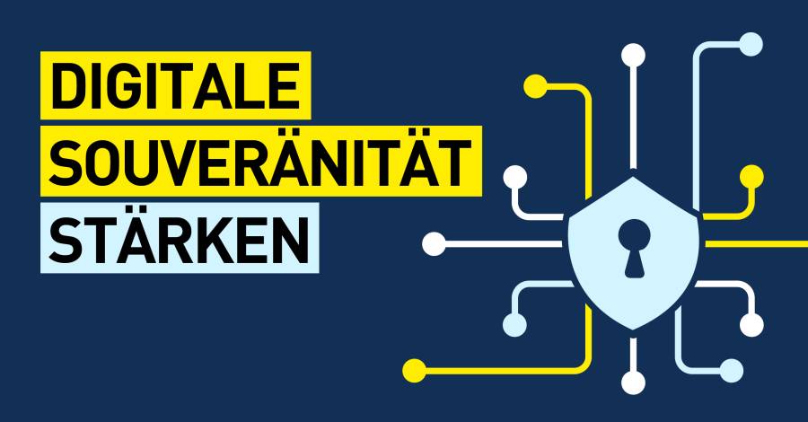 Digitale Souveränität Unternehmensdaten, Schutzschild mit Schlüsselloch, verbunden mit Netzwerkknoten