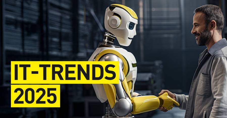 Roboter gibt Mann die Hand mit Schriftzug "IT-Trends 2025"