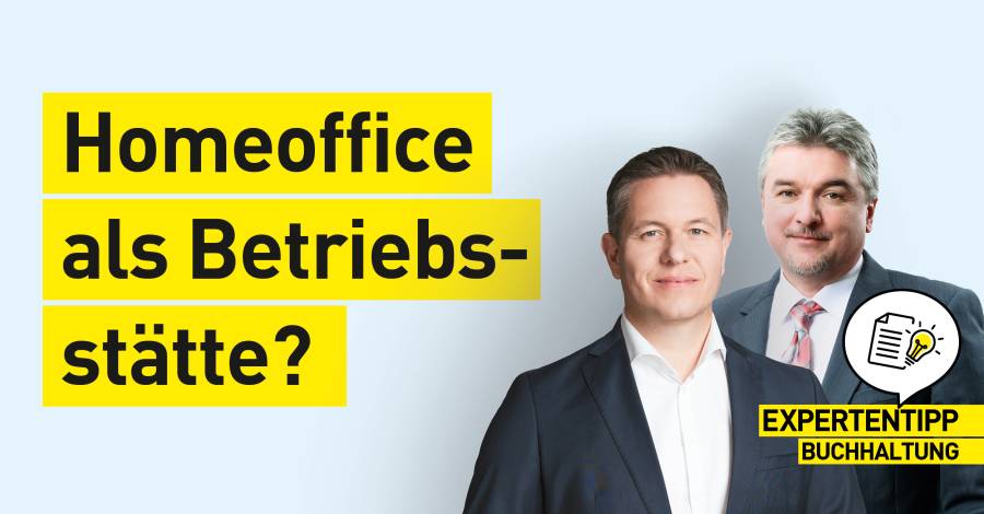 Grafik zu Homeoffice als Betriebsstätte mit zwei Personen im Business-Outfit