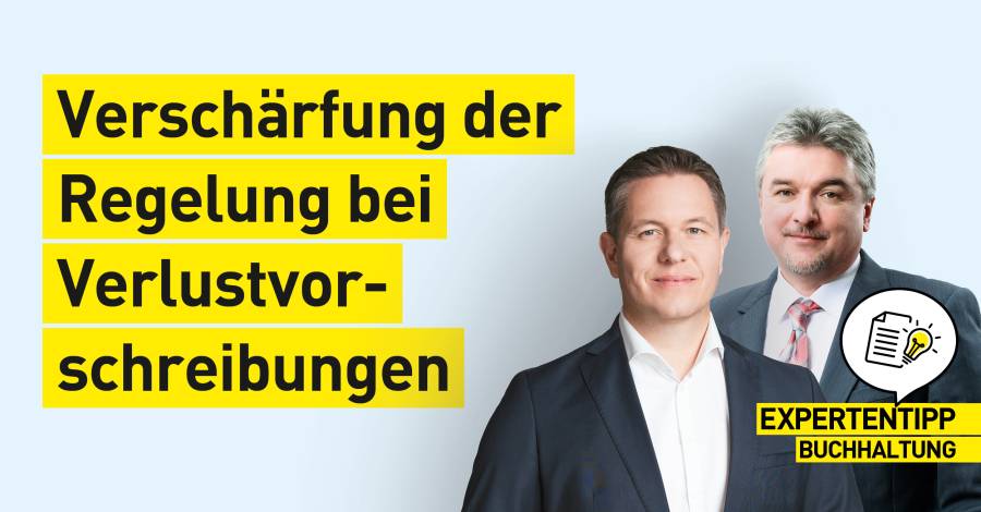 Grafik mit zwei Männern in Anzügen und der Aufschrift „Verschärfung Verlustvorschreibungen"